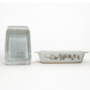 RARE Vintage Pyrex Pine Cone White Gold Casserole Dish with Lid Rectangular 575
